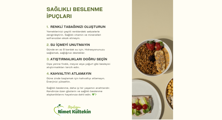 Yeşil ve Krem Modern Sağlıklı Beslenme İpuçları Instagram Gönderisi (740 x 400 piksel)